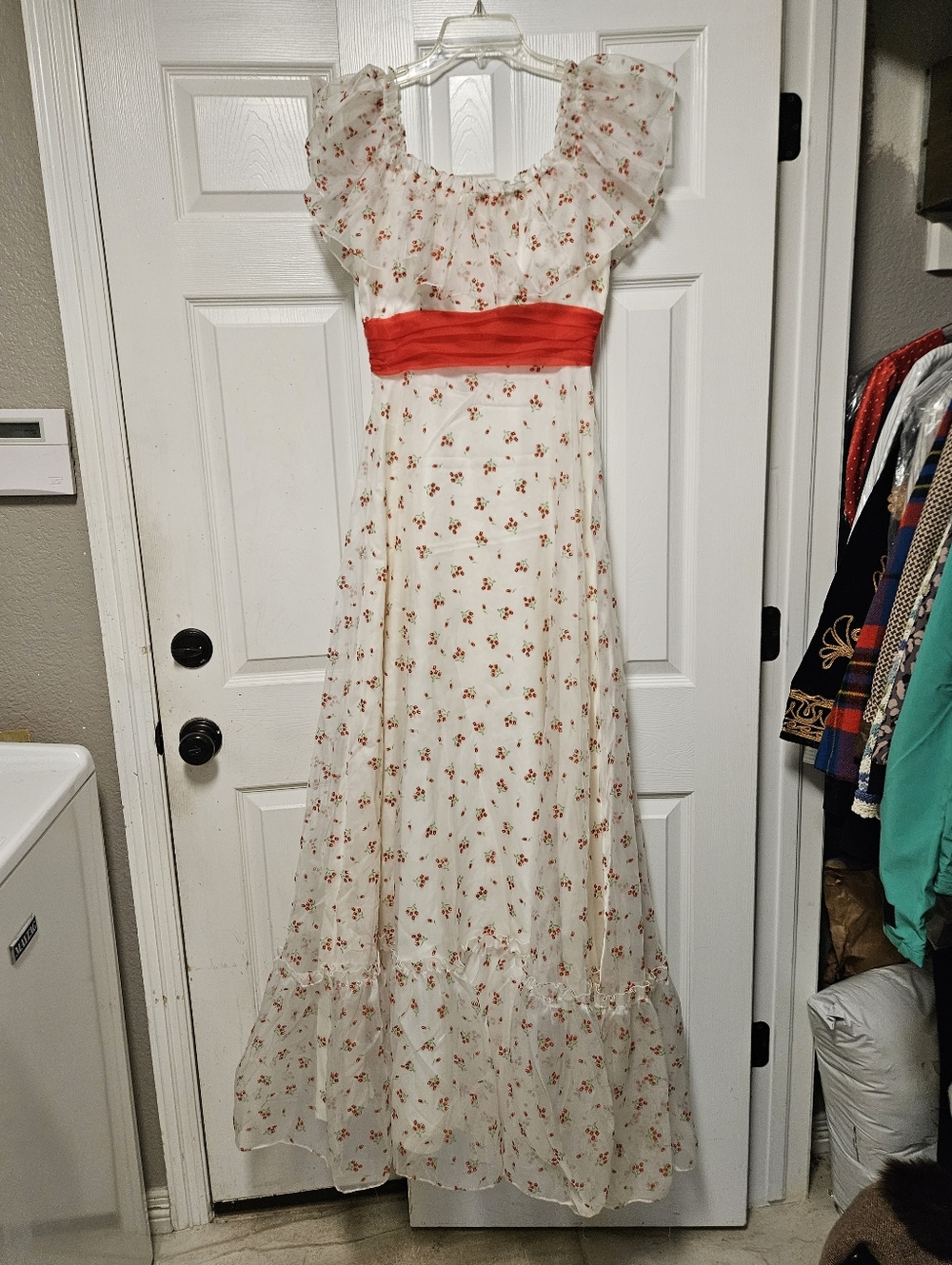 Vintage 1970s Floral Maxi Dress with Red Waist Sash Ruffles Size 4